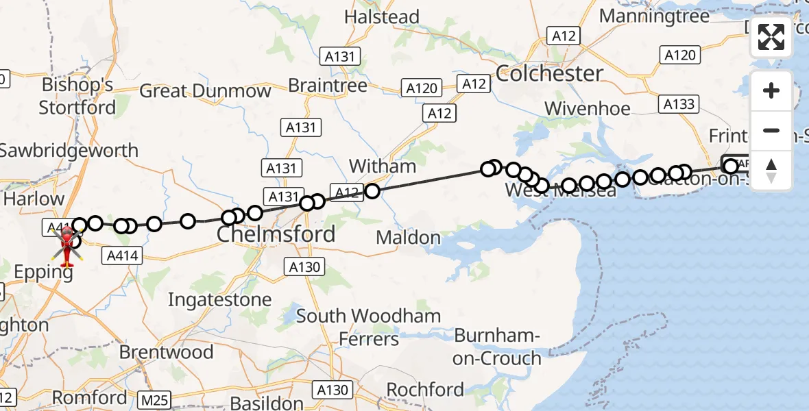 Flight route Air Ambulance Helicopter Tendring - North Weald Airfield, 26 October 2026, 10:49