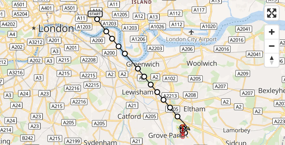 Flight route Air Ambulance Helicopter Royal London Hospital - Mottingham, 26 October 2026, 12:04