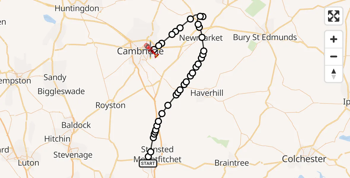Flight route Air Ambulance Helicopter Bishop's Stortford - Cambridge City Airport, 26 October 2026, 12:40
