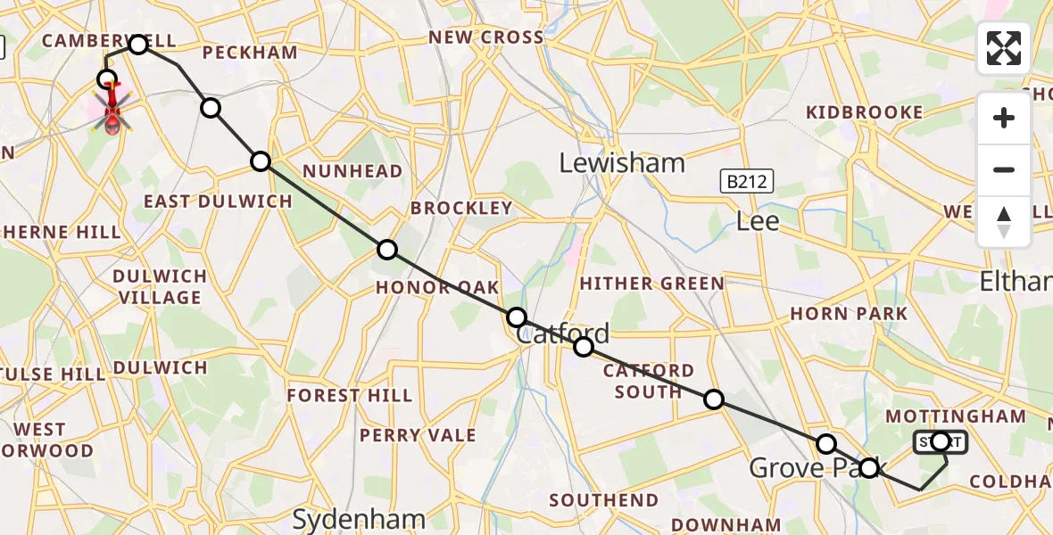 Flight route Air Ambulance Helicopter Mottingham - Kings College London Hospital, 26 October 2026, 13:07