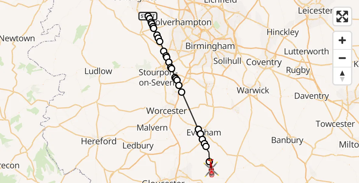 Flight route Air Ambulance Helicopter Beckbury - Cotswold, 26 October 2026, 13:16