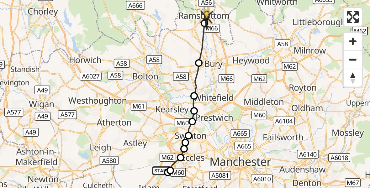 Flight route Police Helicopter Manchester Barton Aerodrome - Ramsbottom, 26 October 2026, 13:59