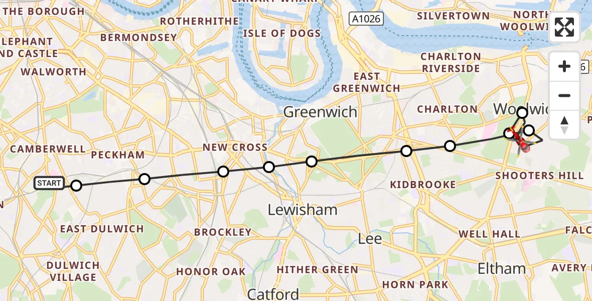 Flight route Air Ambulance Helicopter Kings College London Hospital - Shooters Hill, 26 October 2026, 14:02
