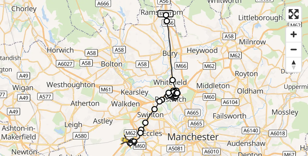 Flight route Police Helicopter Ramsbottom - Manchester Barton Aerodrome, 26 October 2026, 14:10