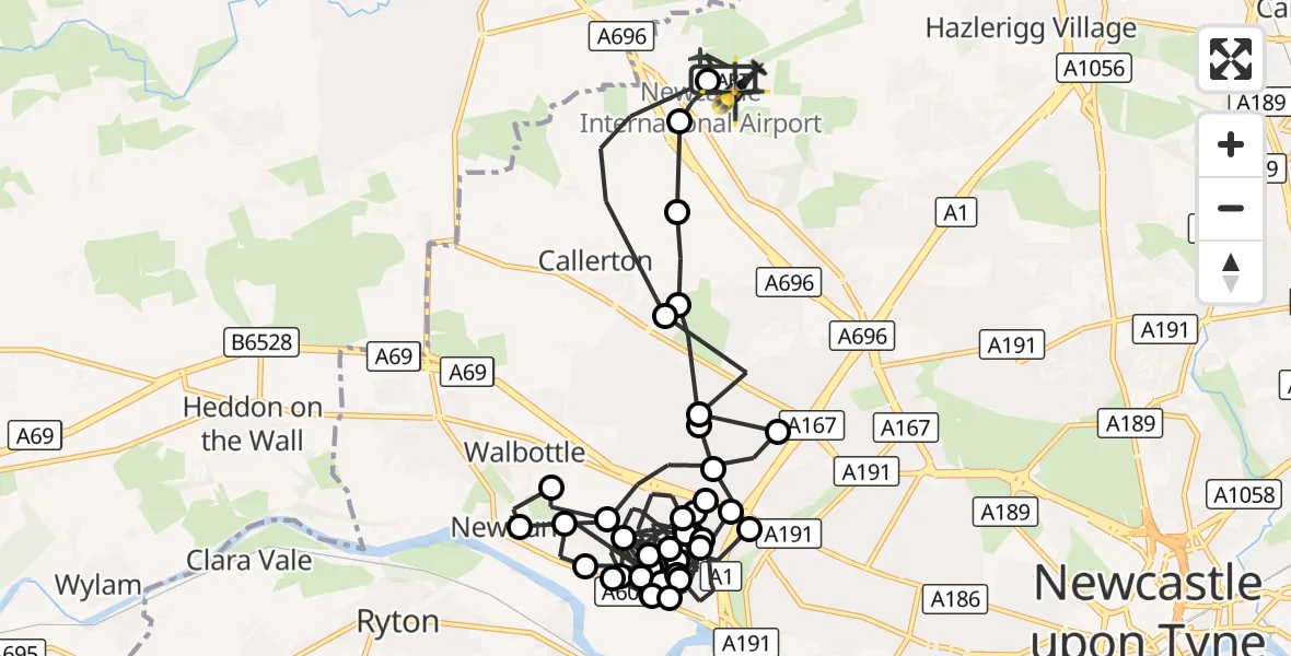 Flight route Police Helicopter Newcastle International Airport - Newcastle International Airport, 26 October 2026, 14:14