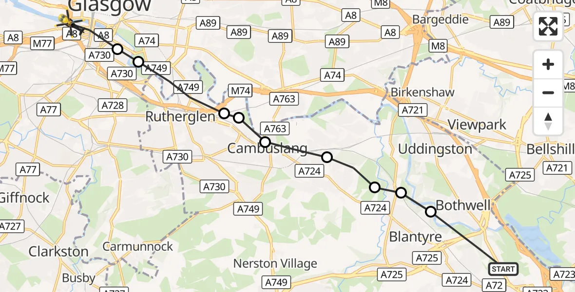 Flight route Police Helicopter Hamilton - Glasgow, 26 October 2026, 14:34