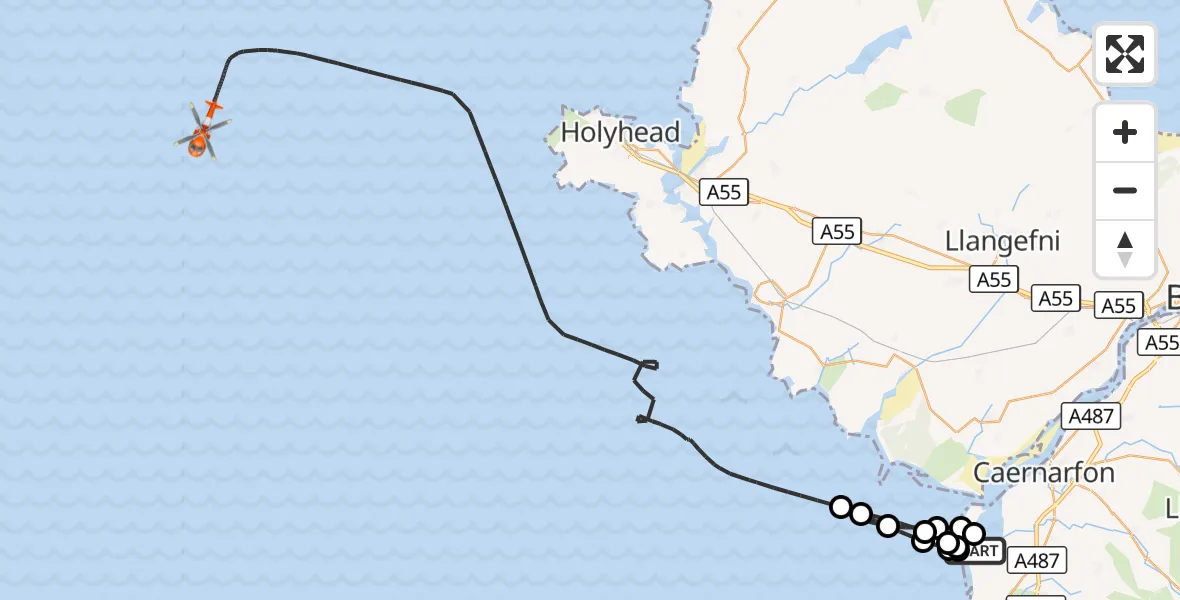 Flight route Coastguard Helicopter Caernarfon Airport - Irish Sea, 26 October 2026, 14:59