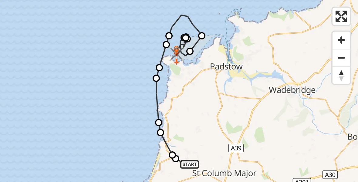 Flight route Coastguard Helicopter Cornwall Airport Newquay - Harlyn, 26 October 2026, 15:00