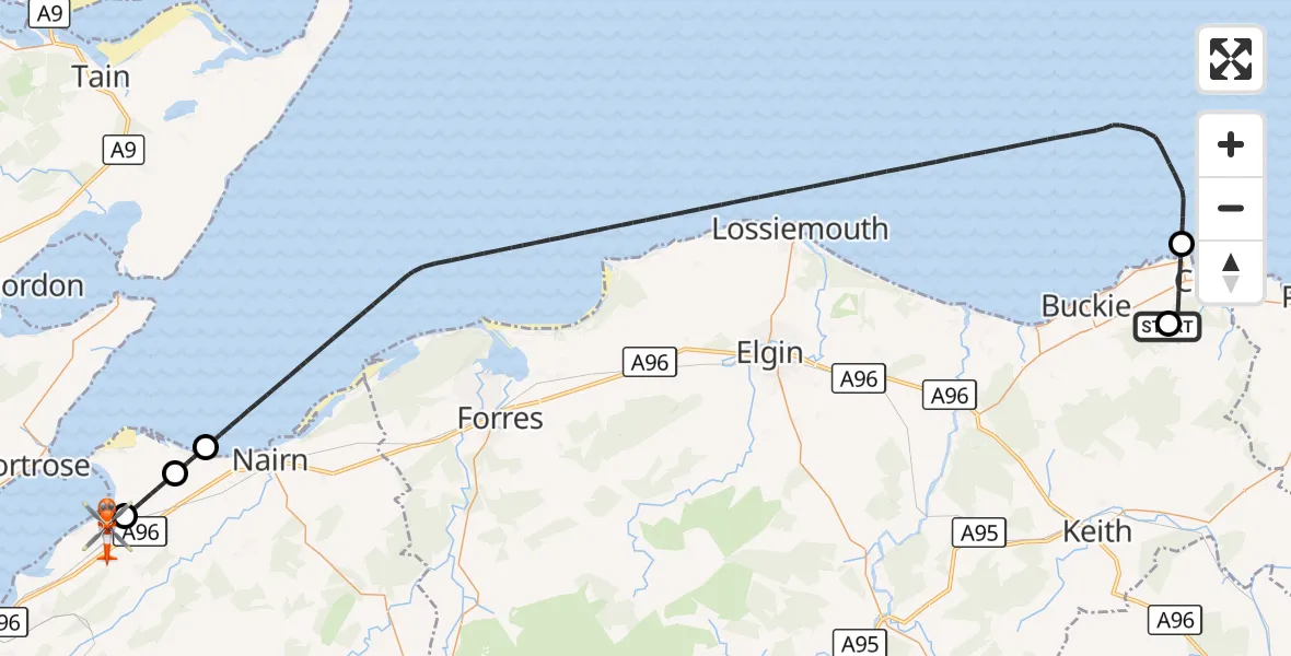 Flight route Coastguard Helicopter Cullen - Inverness Airport, 26 October 2026, 15:31