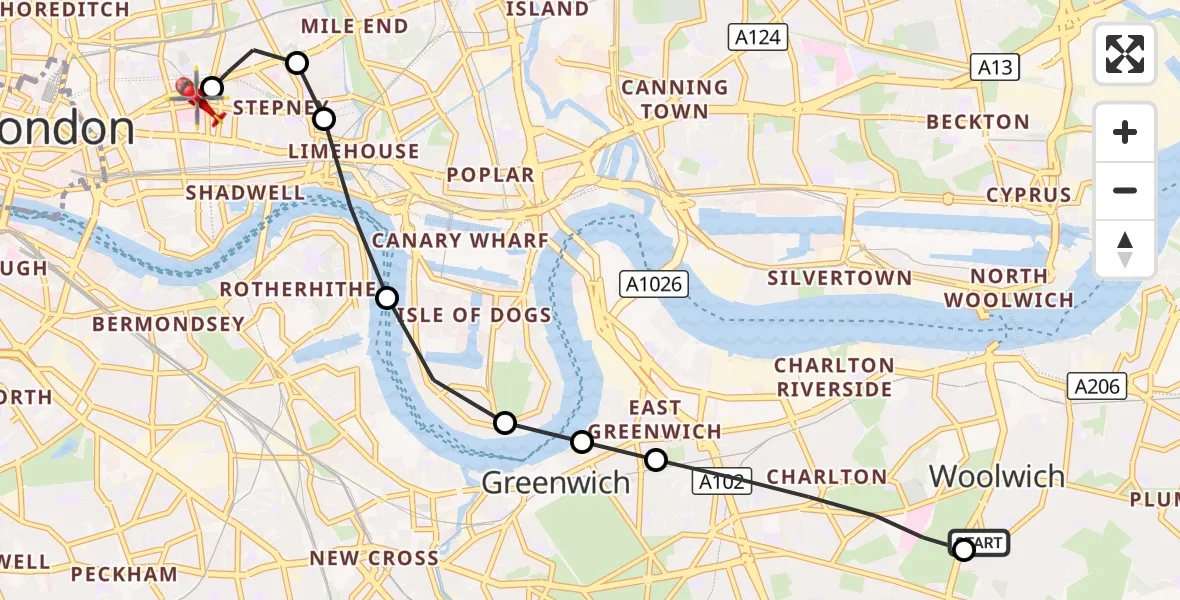Flight route Air Ambulance Helicopter Shooters Hill - Royal London Hospital, 26 October 2026, 15:43