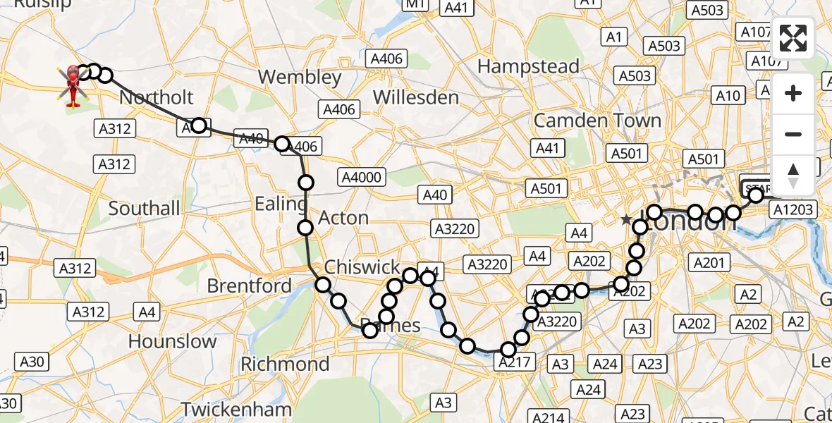 Flight route Air Ambulance Helicopter Royal London Hospital - RAF Northolt, 26 October 2026, 15:53