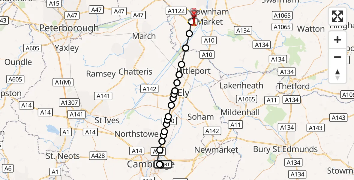 Flight route Air Ambulance Helicopter Cambridge City Airport - Nordelph, 26 October 2026, 15:58