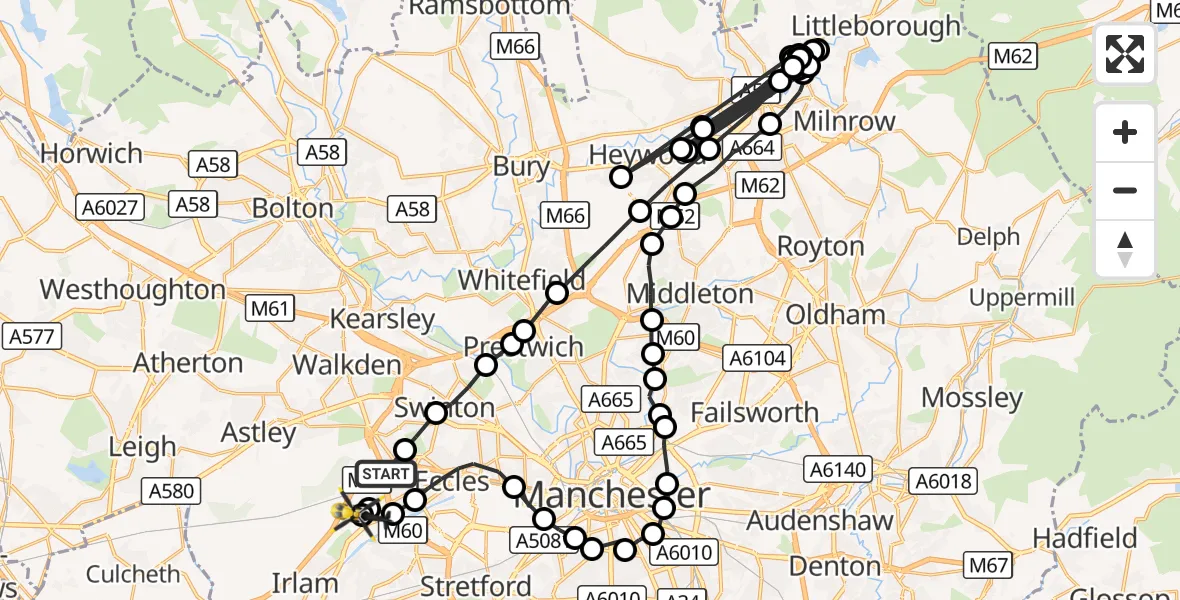 Flight route Police Helicopter Worsley - Manchester Barton Aerodrome, 26 October 2026, 16:21