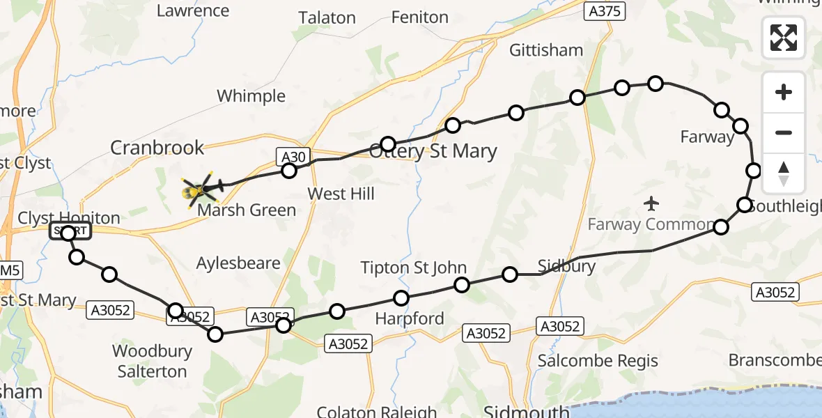 Flight route Police Helicopter Clyst Honiton - Rockbeare, 26 October 2026, 16:32