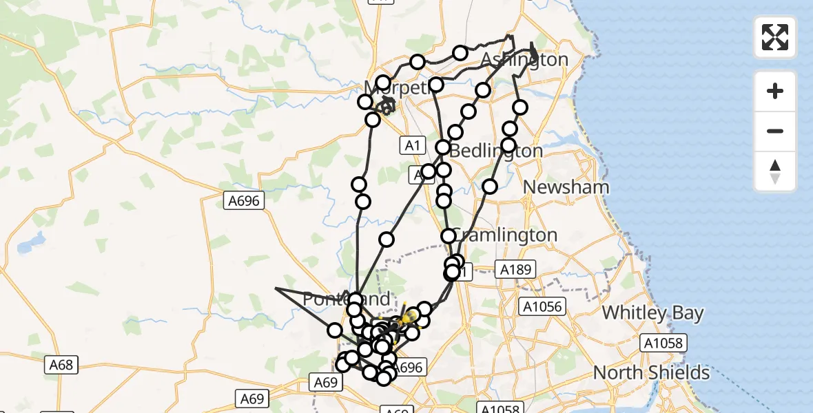 Flight route Police Helicopter Newcastle International Airport - Newcastle International Airport, 26 October 2026, 16:58