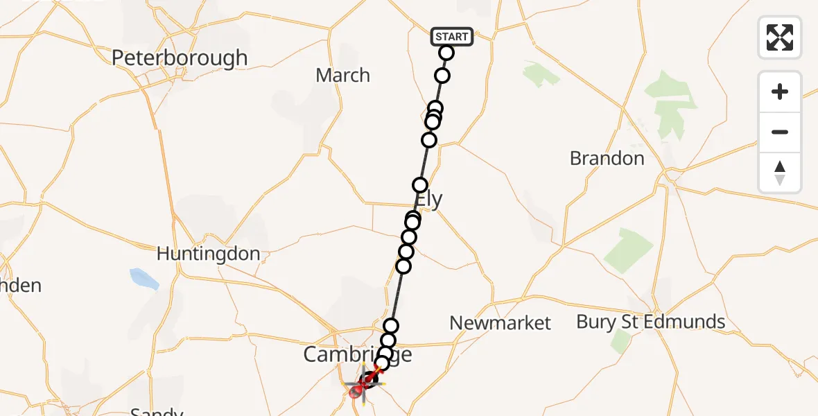 Flight route Air Ambulance Helicopter Nordelph - Papworth Hospital, 26 October 2026, 17:12