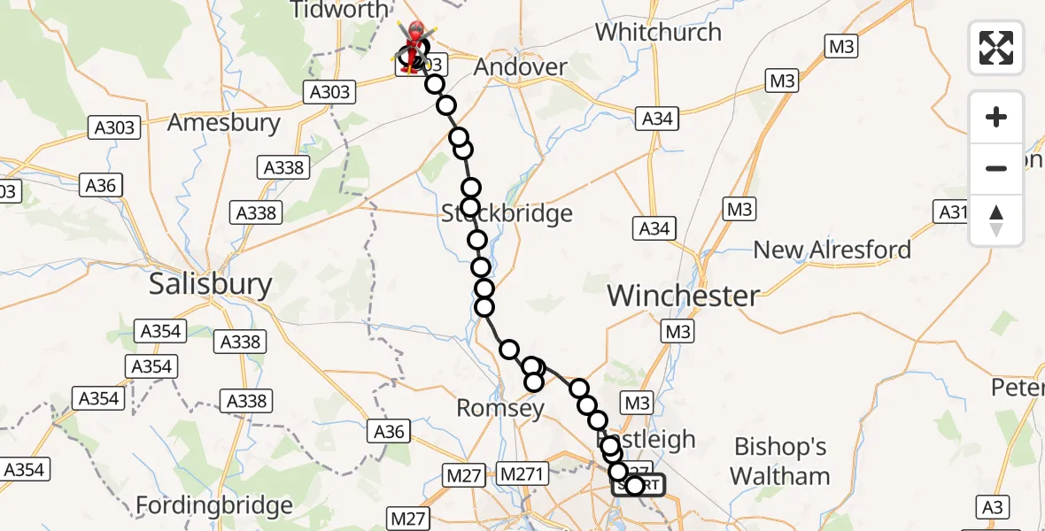 Flight route Air Ambulance Helicopter Southampton Airport - Fyfield, 26 October 2026, 17:18
