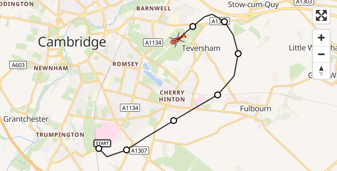 Flight route Air Ambulance Helicopter Papworth Hospital - Cambridge City Airport, 26 October 2026, 17:57