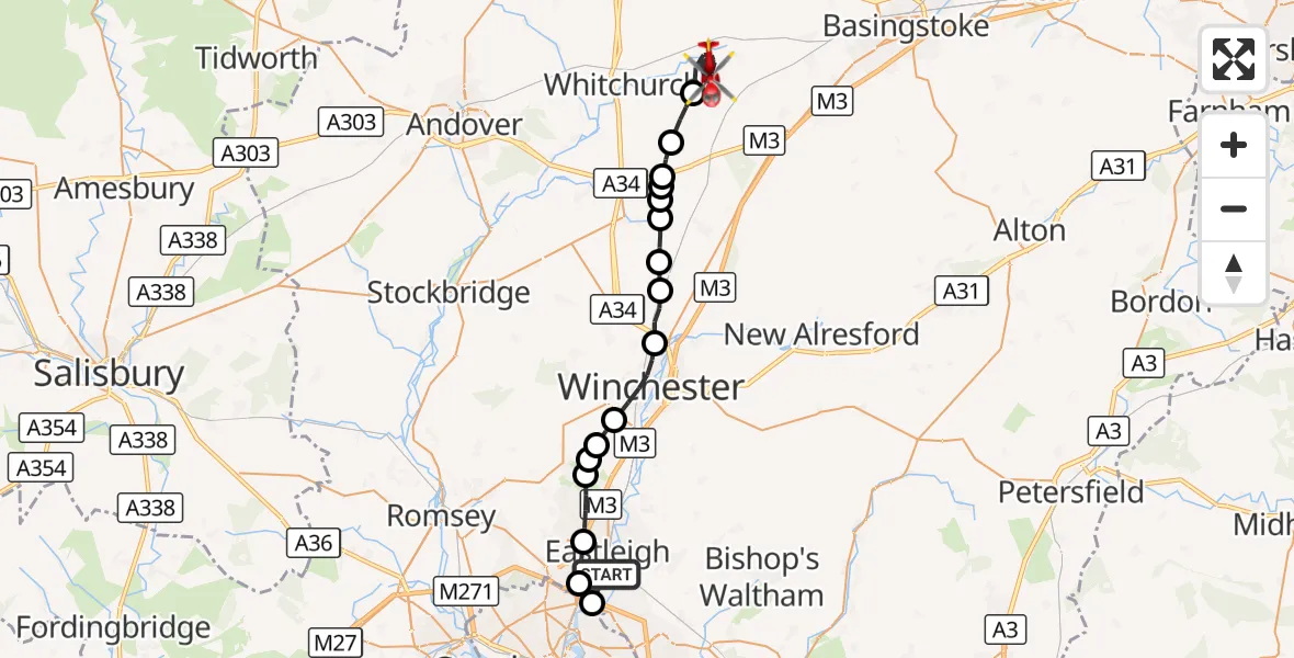 Flight route Air Ambulance Helicopter Southampton Airport - Overton, 26 October 2026, 19:20
