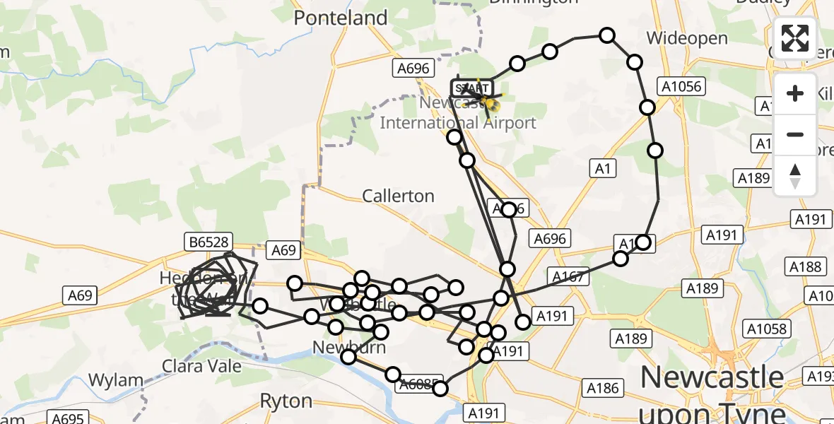 Flight route Police Helicopter Newcastle International Airport - Newcastle International Airport, 26 October 2026, 20:15