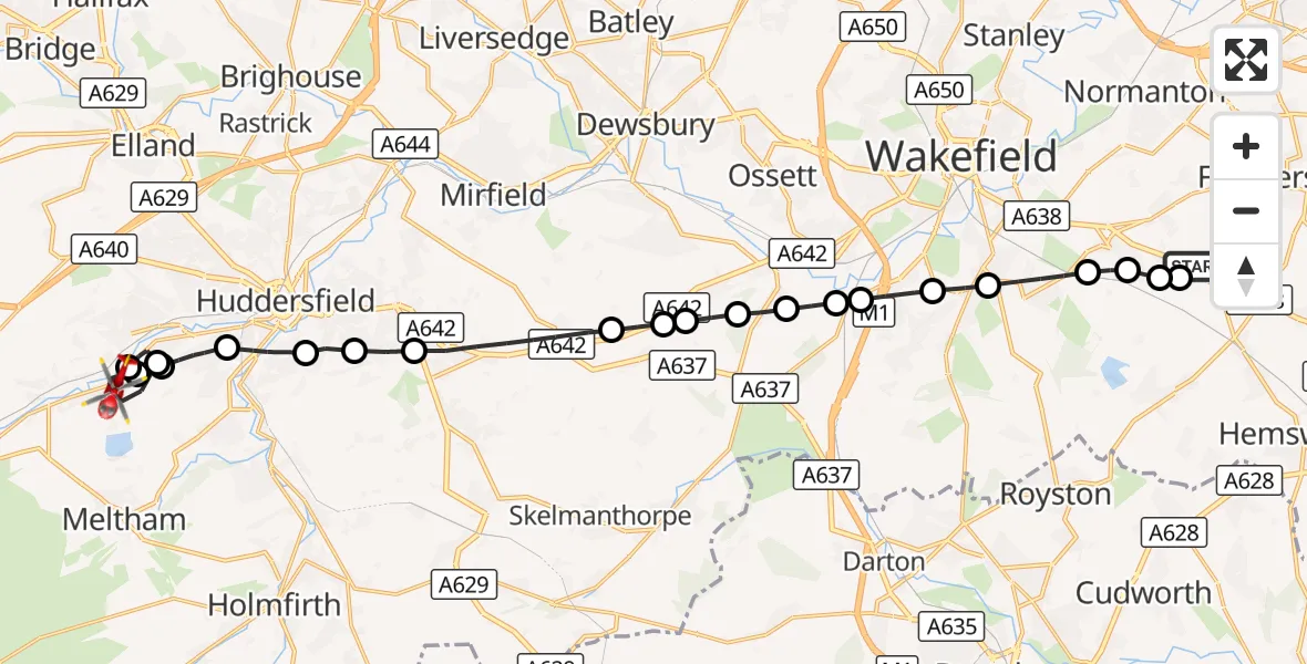Flight route Air Ambulance Helicopter YAA Nostell Helicopter Port - Linthwaite, 26 October 2026, 20:30