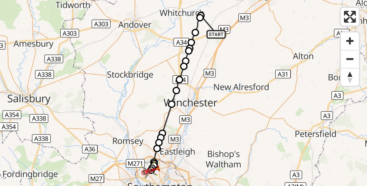 Flight route Air Ambulance Helicopter Popham Airfield - University Hospital Southampton, 26 October 2026, 20:32
