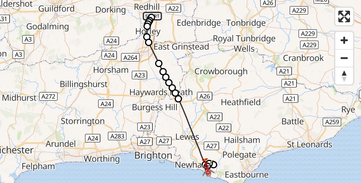 Flight route Air Ambulance Helicopter Redhill Aerodrome - Seaford, 26 October 2026, 20:40