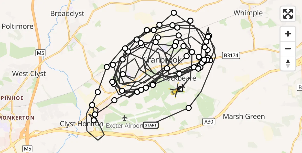 Flight route Police Helicopter Exeter International Airport - Rockbeare, 26 October 2026, 20:49