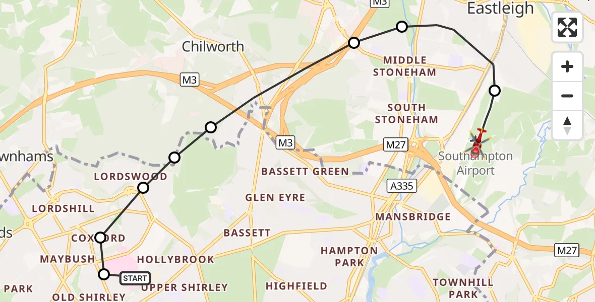 Flight route Air Ambulance Helicopter University Hospital Southampton - Southampton Airport, 26 October 2026, 21:34