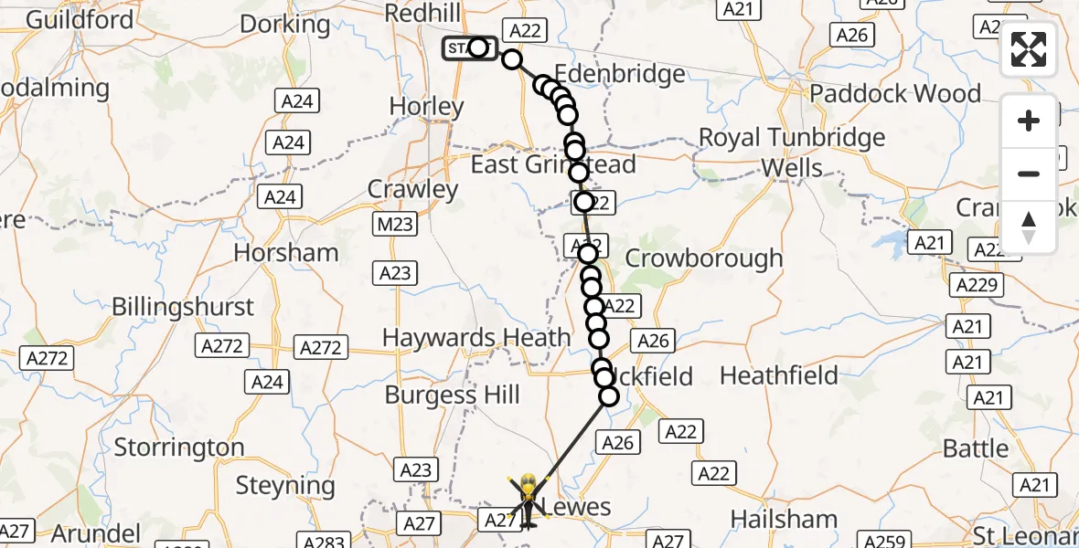 Flight route Police Helicopter South Nutfield - Lewes, 26 October 2026, 22:35