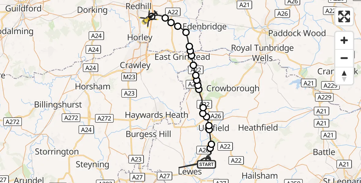 Flight route Police Helicopter Lewes - South Nutfield, 26 October 2026, 22:57