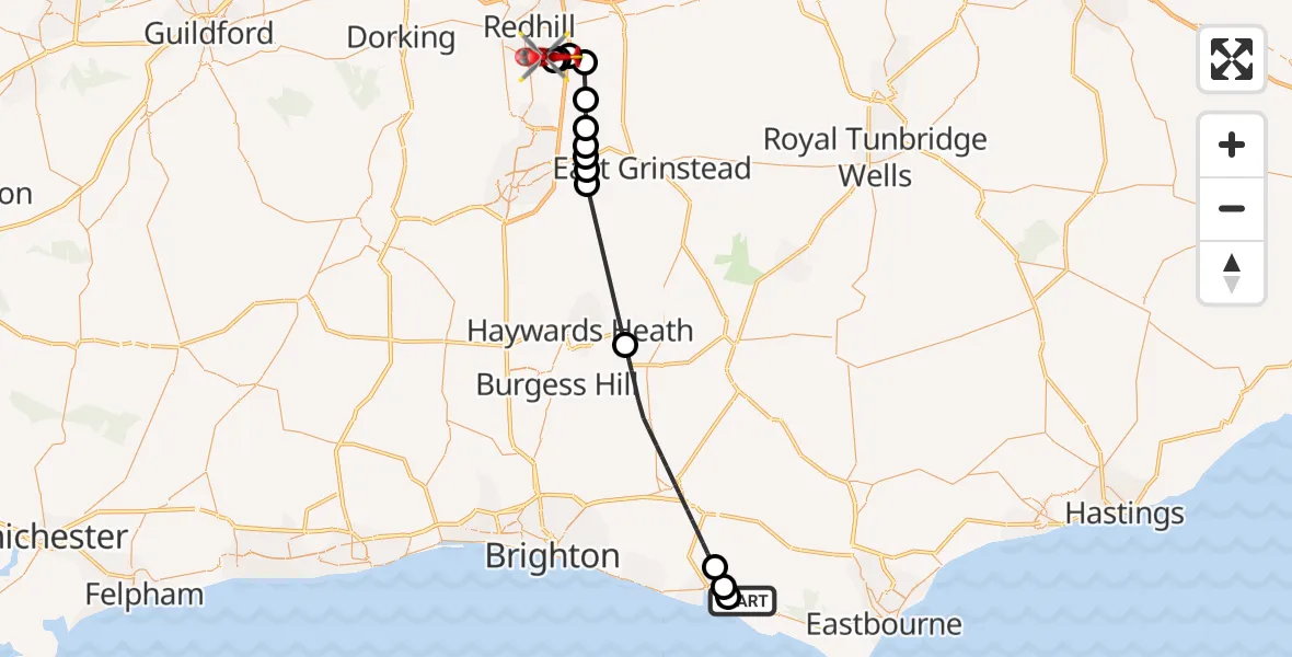 Flight route Air Ambulance Helicopter Seaford - Redhill Aerodrome, 26 October 2026, 23:30
