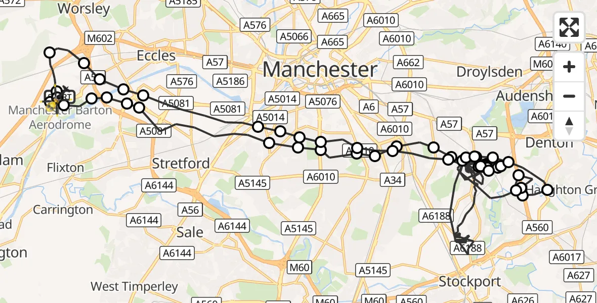 Flight route Police Helicopter Manchester Barton Aerodrome - Manchester Barton Aerodrome, 27 October 2026, 00:19