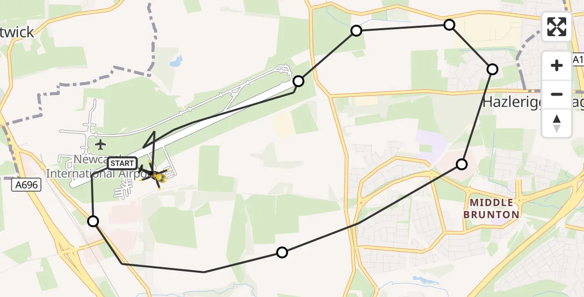 Flight route Police Helicopter Newcastle International Airport - Newcastle International Airport, 27 October 2026, 01:47