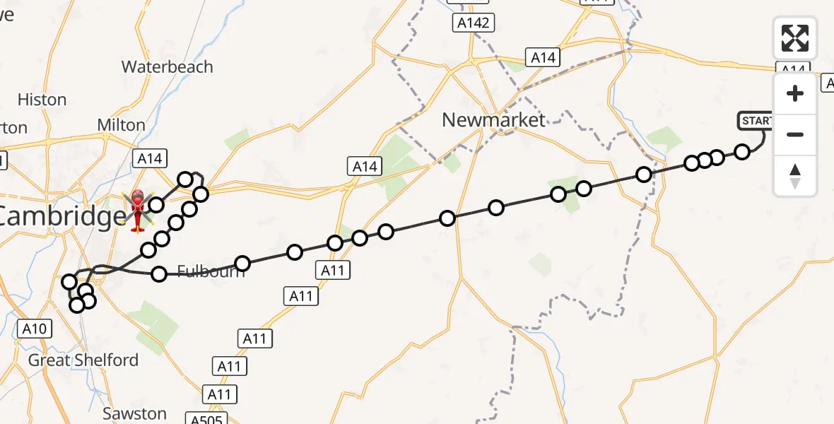 Flight route Air Ambulance Helicopter Barrow - Cambridge City Airport, 27 October 2026, 02:06
