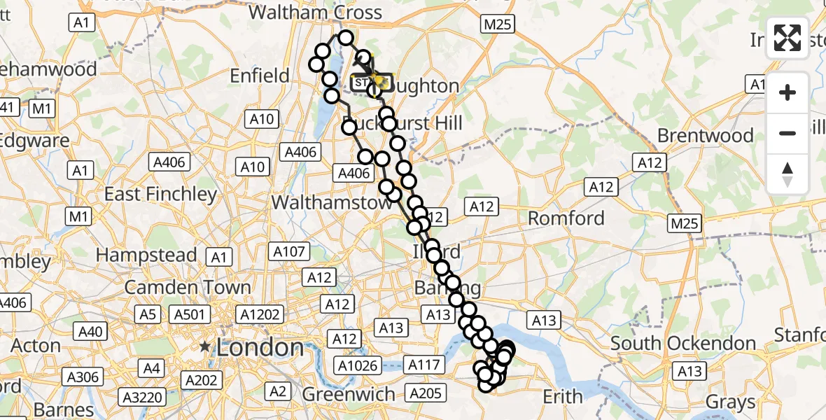 Flight route Police Helicopter Metropolitan Police Air Support Unit Lippitts Hill - Sewardstonebury, 27 October 2026, 03:36