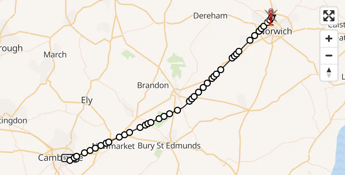 Flight route Air Ambulance Helicopter Cambridge City Airport - Norwich Airport, 27 October 2026, 03:47