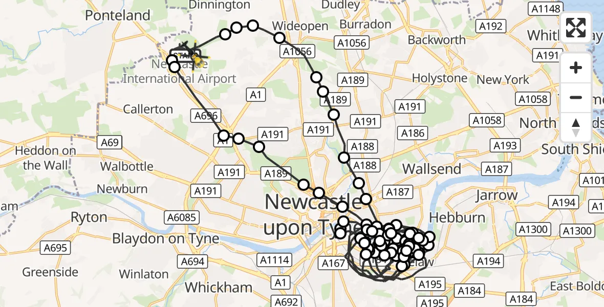 Flight route Police Helicopter Newcastle International Airport - Newcastle International Airport, 27 October 2026, 04:05