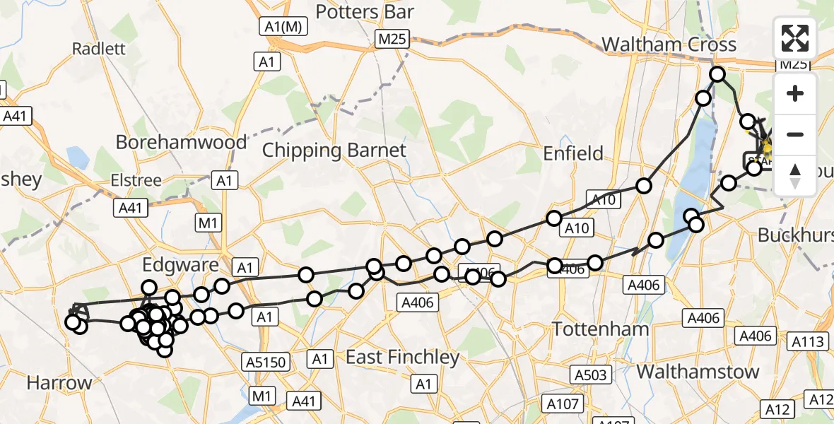 Flight route Police Helicopter Metropolitan Police Air Support Unit Lippitts Hill - Sewardstonebury, 27 October 2026, 05:08