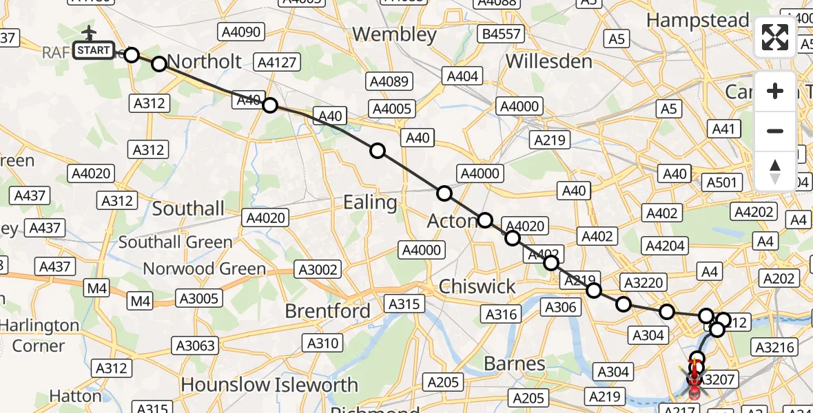 Flight route Air Ambulance Helicopter RAF Northolt - London Heliport, 27 October 2026, 08:47