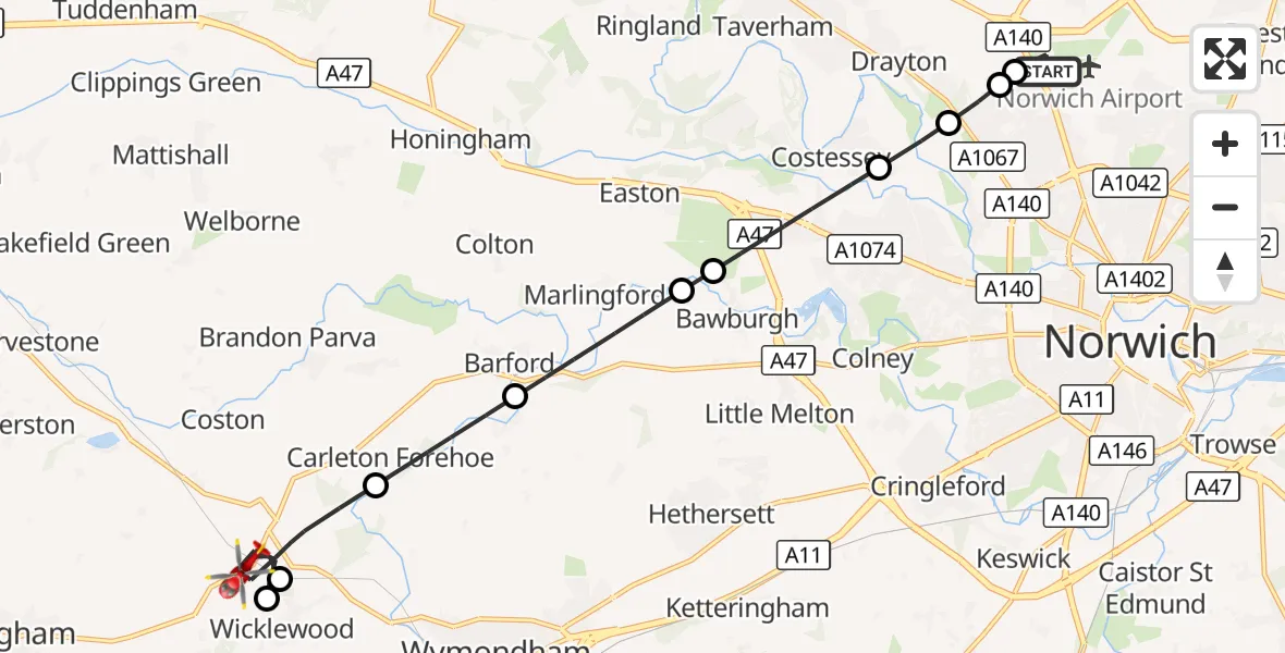 Flight route Air Ambulance Helicopter Norwich Airport - Kimberley, 27 October 2026, 10:00