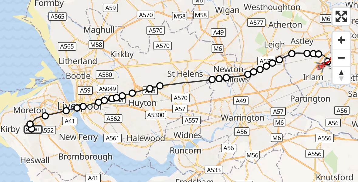 Flight route Air Ambulance Helicopter Upton - Manchester Barton Aerodrome, 27 October 2026, 10:57