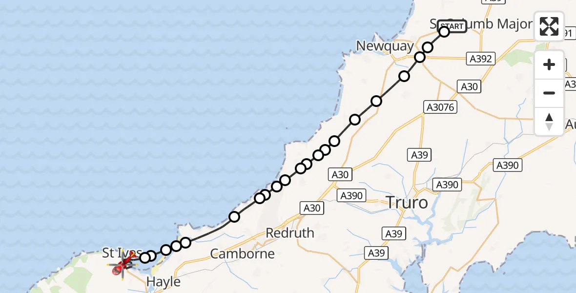 Flight route Air Ambulance Helicopter Cornwall Airport Newquay - St. Ives, 27 October 2026, 11:17