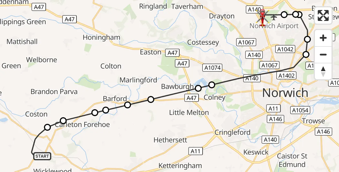 Flight route Air Ambulance Helicopter Kimberley - Norwich Airport, 27 October 2026, 11:29