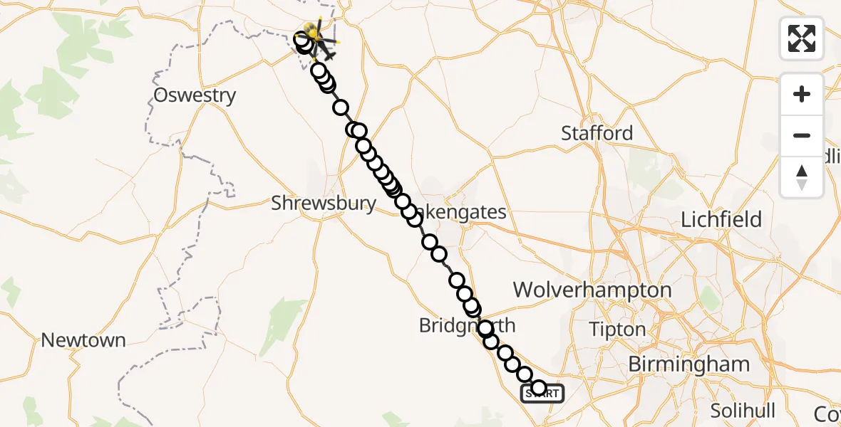 Flight route Police Helicopter Kinver - Bronington, 27 October 2026, 11:33