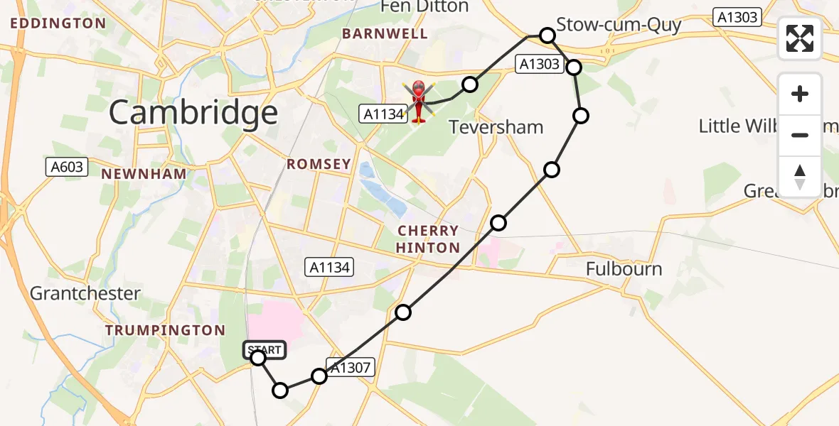 Flight route Air Ambulance Helicopter Papworth Hospital - Cambridge City Airport, 27 October 2026, 12:59