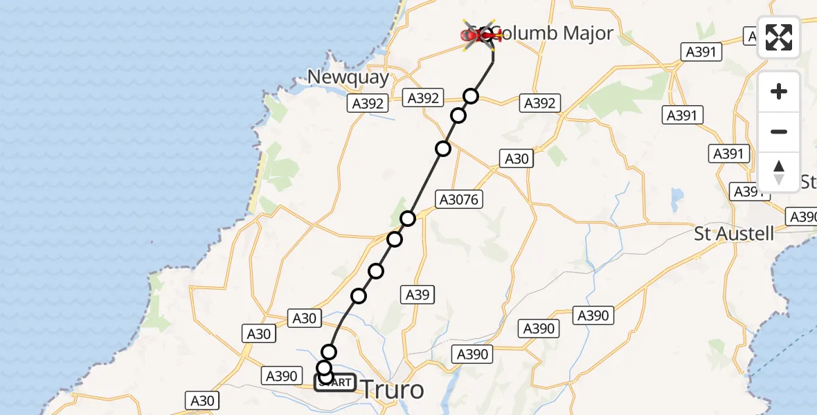 Flight route Air Ambulance Helicopter Treliske Hospital - Cornwall Airport Newquay, 27 October 2026, 12:59