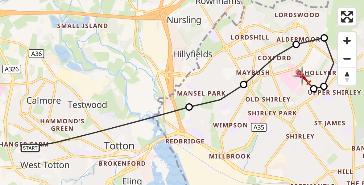 Flight route Air Ambulance Helicopter Totton - University Hospital Southampton, 27 October 2026, 13:19