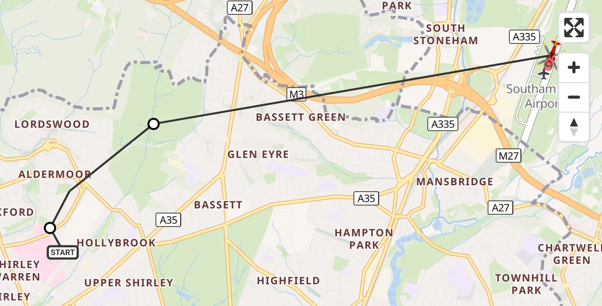 Flight route Air Ambulance Helicopter University Hospital Southampton - Southampton Airport, 27 October 2026, 14:24