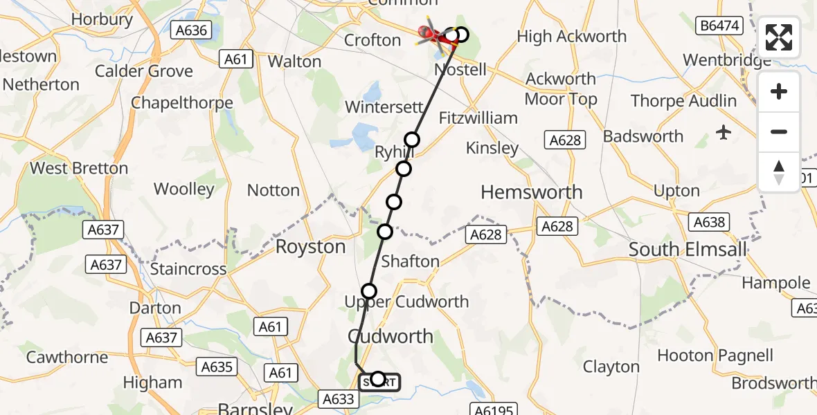 Flight route Air Ambulance Helicopter Cudworth - YAA Nostell Helicopter Port, 27 October 2026, 14:39